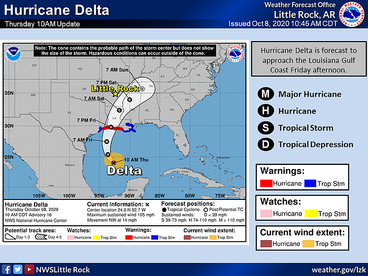 This National Weather Service graphic on Thursday shows Hurricane Delta's expected track. 