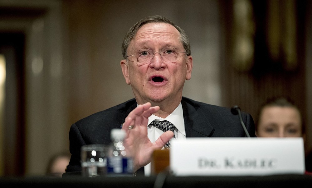 Dr. Robert Kadlec, assistant secretary for preparedness and response at the U.S. Department of Health and Human Services, testifies on Capitol Hill in Washington before a Senate Education, Labor and Pensions Committee hearing in this Tuesday, March 3, 2020, file photo. (AP Photo/Andrew Harnik)