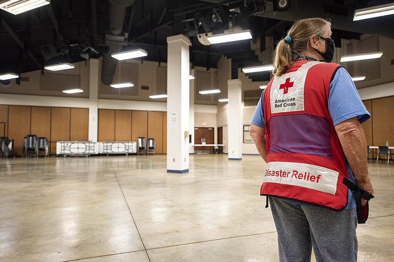 Pattie Taylor of the American Red Cross gives a tour of the Pike County, Miss., Community Safe Room ahead of Hurricane Delta in Magnolia, Miss., on Friday, Oct. 9, 2020.