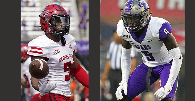 In this combination of photos Arkansas State senior wide receiver Jonathan Adams Jr. (left) has 20 receptions for 261 yards and 3 touchdowns this season. Arkansas senior cornerback Robert Rochell (right) has 11 tackles, 2 pass breakups and a forced fumble that he returned for a touchdown,  and he also has 10 career interceptions. Both are potential draft picks and will square off Saturday in Jonesboro. 
(AP/Charlie Riedel, left) (Photo courtesy of the University of Central Arkansas, right)