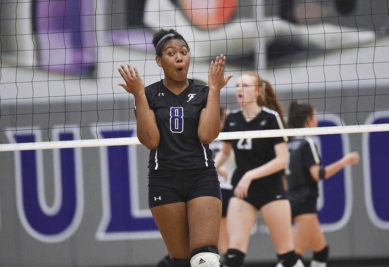 Fayetteville Rosana Hicks (8) reacts, Thursday, October 8, 2020 during a volleyball game at Fayetteville High School in Fayetteville. (NWA Democrat-Gazette/Charlie Kaijo)