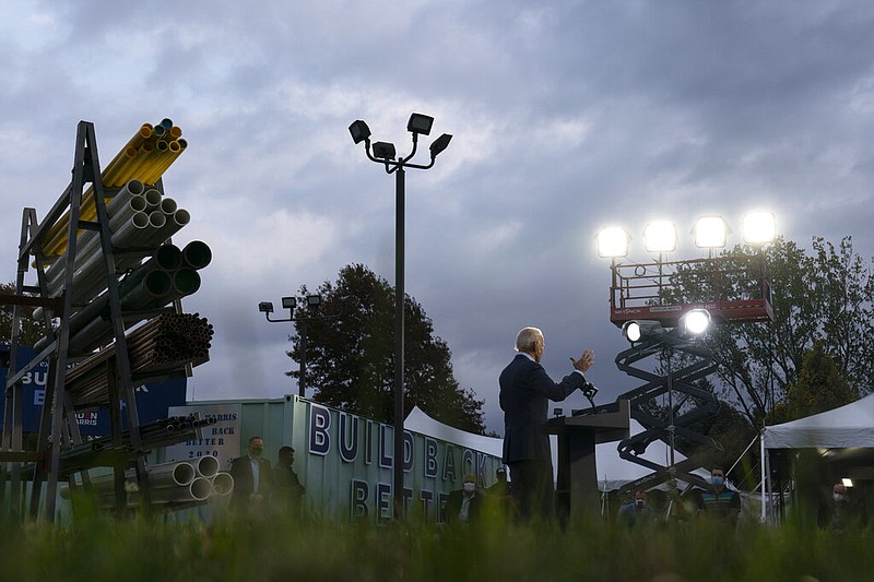Former Vice President Joe Biden, the Democratic candidate for president, speaks at the Plumbers Local Union No. 27 training center in Erie, Pa., on Saturday, Oct. 10, 2020.