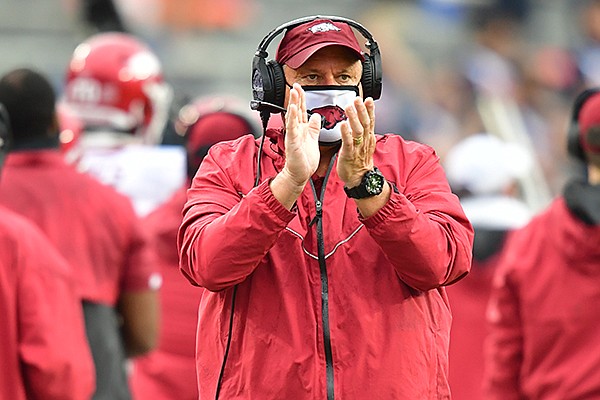 Arkansas coach Sam Pittman is shown during a game against Auburn on Saturday, Oct. 10, 2020, in Auburn, Ala. Arkansas coach Sam Pittman is shown during a game against Auburn on Saturday, Oct. 10, 2020, in Auburn, Ala.
