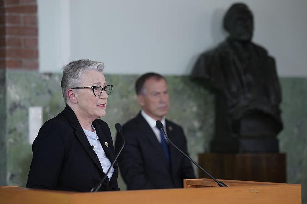 Berit Reiss-Andersen (left), head of the Nobel Committee, said Friday in Oslo, Norway, that the World Food Program “has demonstrated an impressive ability to intensify its efforts” to combat hunger and food insecurity in the face of the coronavirus pandemic.
(AP/NTB/Stian Lysberg Solum)