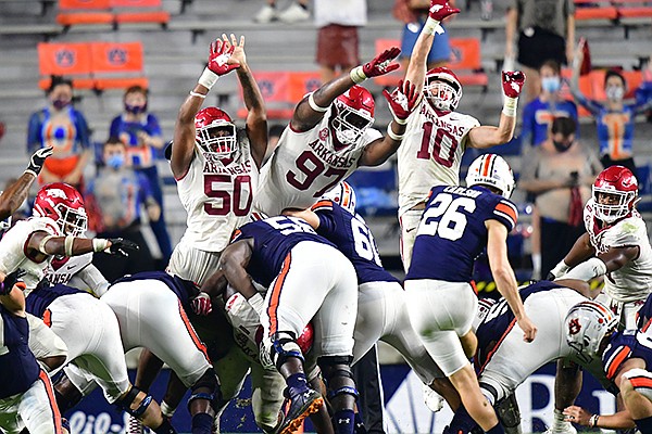 Auburn kicker Anders Carlson (26) kicks the game-winning field goal during a game against Arkansas on Saturday, Oct. 10, 2020, in Auburn, Ala.
Auburn kicker Anders Carlson (26) kicks the game-winning field goal during a game against Arkansas on Saturday, Oct. 10, 2020, in Auburn, Ala.