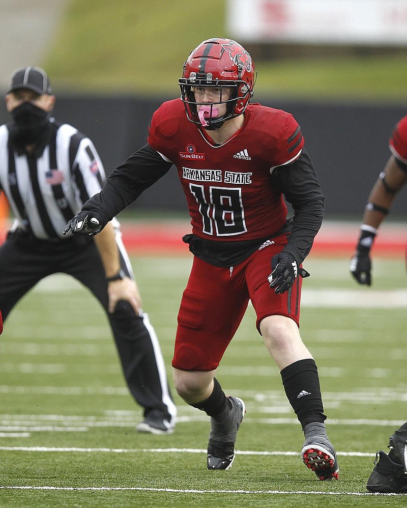 Arkansas State linebacker Justin Rice (18)chases after a Central Arkansas ball carrier during the third quarter of the Red Wolves' 50-27 win on Saturday, Oct. 10, 2020, at Centennial Bank Stadium in Jonesboro.
(Arkansas Democrat-Gazette/Thomas Metthe)