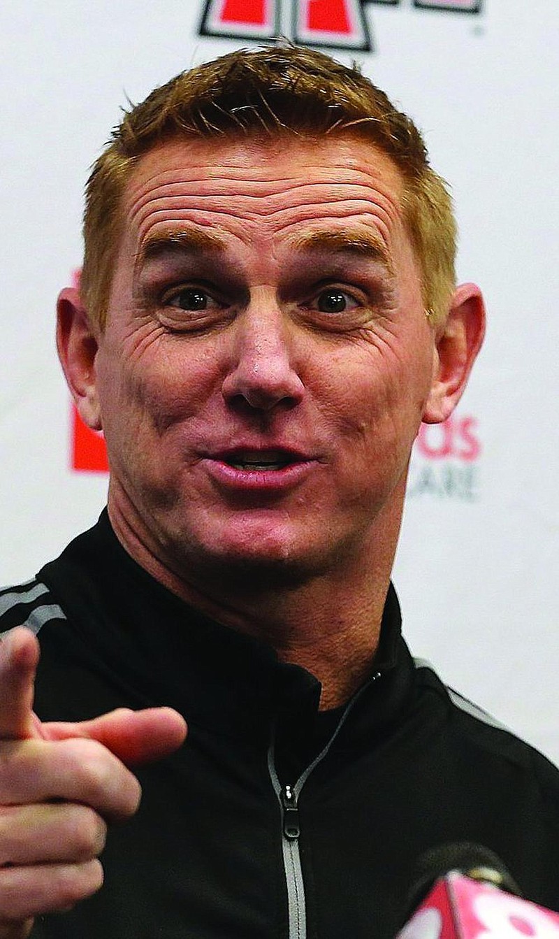 Arkansas Democrat-Gazette/THOMAS METTHE -- 1/9/2019 --
Arkansas State head coach Blake Anderson talks about the hiring of three new coaches for the Red Wolves during a press conference on Wednesday, Jan. 9, 2019, in Jonesboro. 