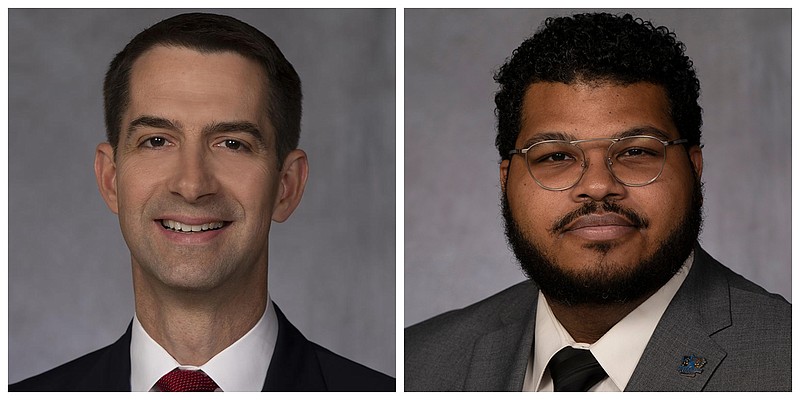 U.S. Sen. Tom Cotton (left) and Ricky Dale Harrington (right) are shown in these file photos.