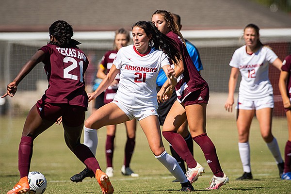 Arkansas' Ava Tankersley (21) is shown during a game against Texas A&M on Sunday, Oct. 4, 2020, in Fayetteville.