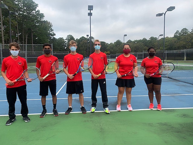 Magnolia athletes who competed in the state tennis tournament this week were (from left) Tristan Malone, Rushang Patel, Sam Trout, Jake Nielsen, Angie Saldana and Sierra Putney.