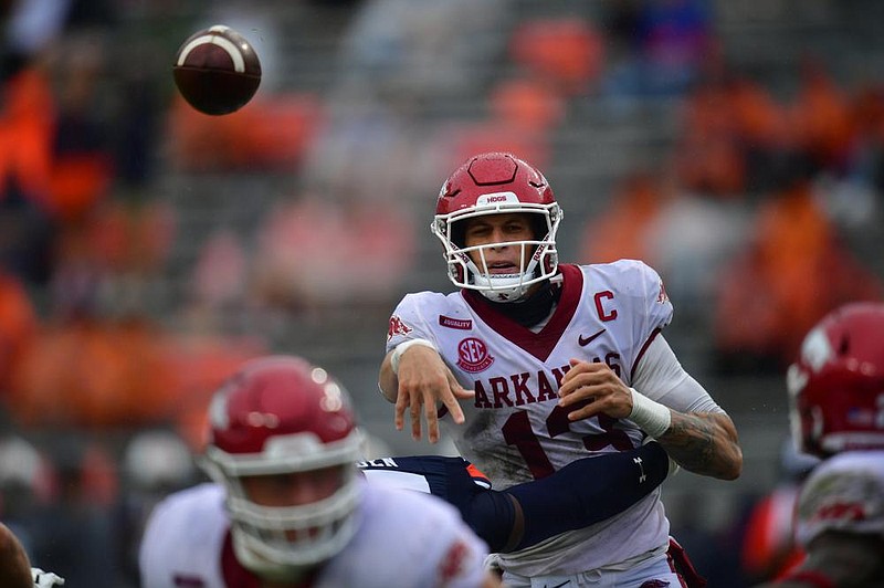 Arkansas quarterback Feleipe Franks passed for 318 yards and four touchdowns in wet and windy conditions Saturday against Auburn. His 150.44 pass efficiency rating for the season ranks 23rd in the nation. (University of Arkansas/Walt Beazley) 