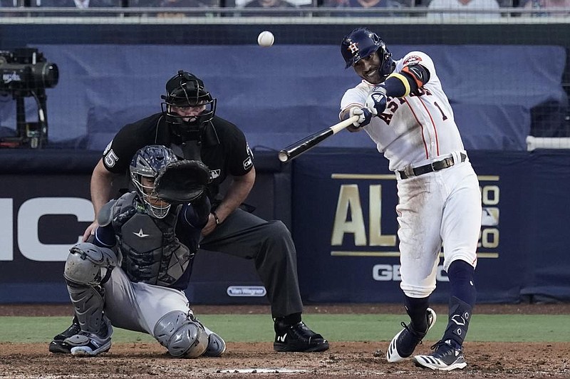 Houston’s Carlos Correa hit a game-winning home run in the bottom of the ninth inning Thursday to give the Astros a 4-3 victory over the Tampa Bay Rays at Petco Park in San Diego. The Astros now trail 3-2 in the best-of-7 American League Championship Series.
(AP/Jae C. Hong)