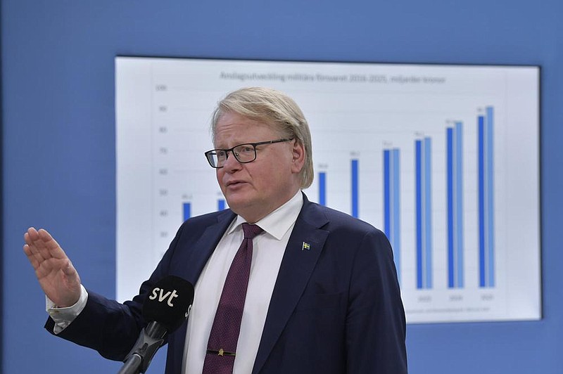 Swedish Defense Minister Peter Hultqvist speaks Thursday during a news conference in Stockholm.
(AP/TT/Jessica Gow)