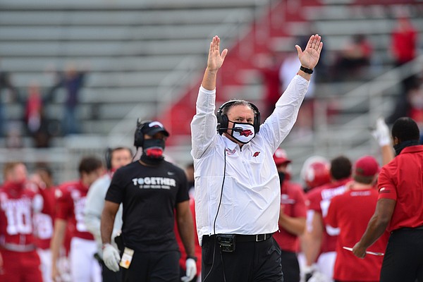 Sam Pittman reacts to play inside Donald W. Reynolds Razorback Stadium on Saturday, October 17, 2020. Photo courtesy Walt Beazley, Arkansas Razorbacks.