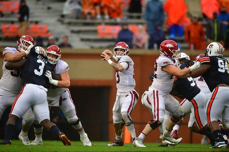 Arkansas senior quarterback Feleipe Franks, shown last week against Auburn, leads the Razorbacks against Ole Miss today in Fayetteville. When Arkansas claimed its last SEC home victory, 31-10 over Florida in 2016, Franks was a true freshman with the Gators.
(University of Arkansas/Walt Beazley)