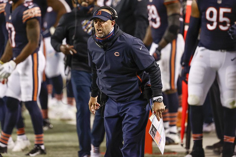 Chicago Bears head coach Matt Nagy protest a call against his team during the first half of an NFL football game against the Tampa Bay Buccaneers, Thursday, Oct. 8, 2020, in Chicago. (AP Photo/Kamil Krzaczynski)