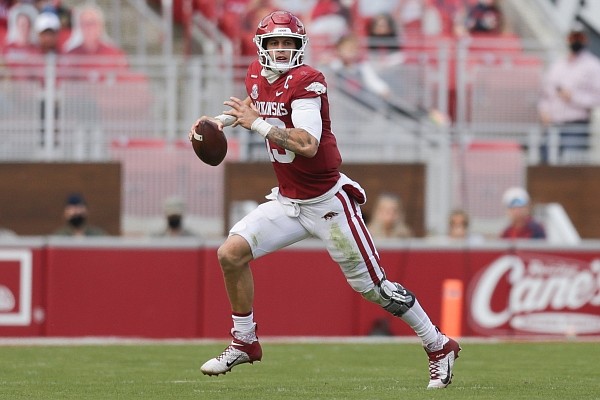 Arkansas quarterback Feleipe Franks (13) looks to pass, Saturday, October 17, 2020 during the second quarter of a football game at Donald W. Reynolds Razorback Stadium in Fayetteville. Check out nwaonline.com/201018Daily/ for the photo gallery.