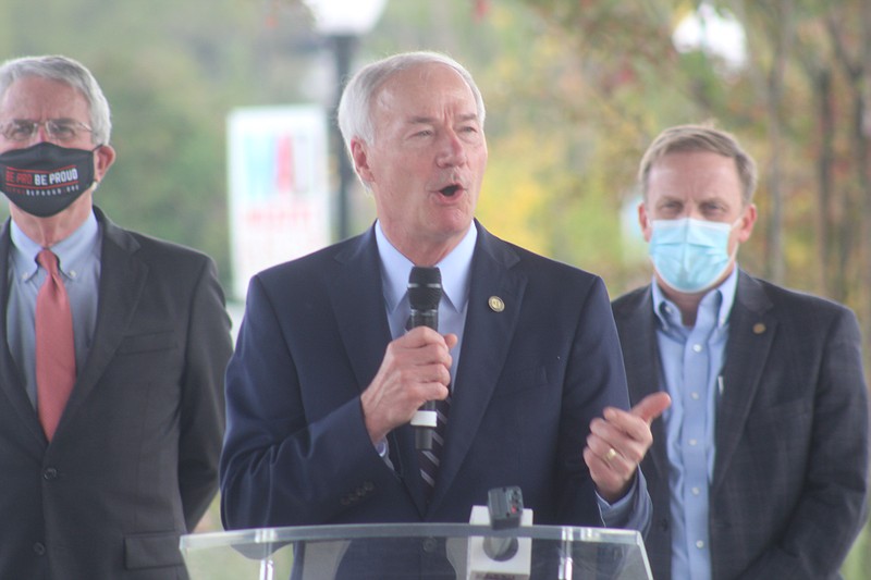 Gov. Asa Hutchinson spoke at the MAD Amphitheatre in El Dorado Monday to voice his support for Issue 1, a measure that will make permanent a .5 percent sales tax dedicated to roads. (News-Times/Matt Hutcheson)