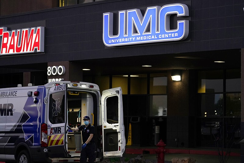 An ambulance is parked at the University Medical Center in Las Vegas on Oct. 12, 2020.