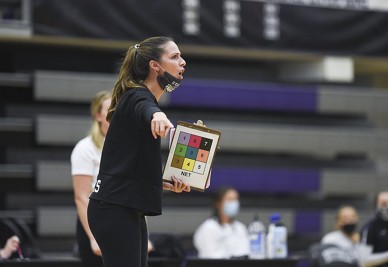 FILE -- Bentonville head coach Michelle Smith reacts, Thursday, October 8, 2020 during a volleyball game at Fayetteville High School in Fayetteville. (NWA Democrat-Gazette/Charlie Kaijo)