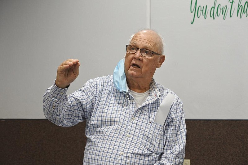 Jim Goodman, manager of the Fort Smith-based Altes Sanitation, answers a question during the Sebastian County Quorum Court meeting at the Westwood Elementary School safe shelter in Greenwood Tuesday, Oct. 20, 2020. 
(Arkansas Democrat-Gazette/Thomas Saccente)