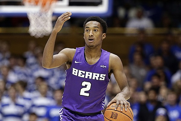 Central Arkansas guard Lewis McDaniel (2) dribbles against Duke during the half of an NCAA college basketball game in Durham, N.C., Tuesday, Nov. 12, 2019. (AP Photo/Gerry Broome)