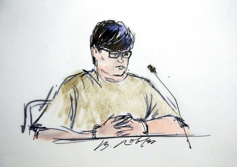 Enrique Marquez Jr. is shown in federal court in Riverside, Calif., in this Dec. 17, 2015, courtroom sketch. Marquez was sentenced Friday, Oct. 23, 2020, to 20 years in prison for buying two rifles that a husband and wife used to kill 14 people in a San Bernardino, Calif., terror attack.