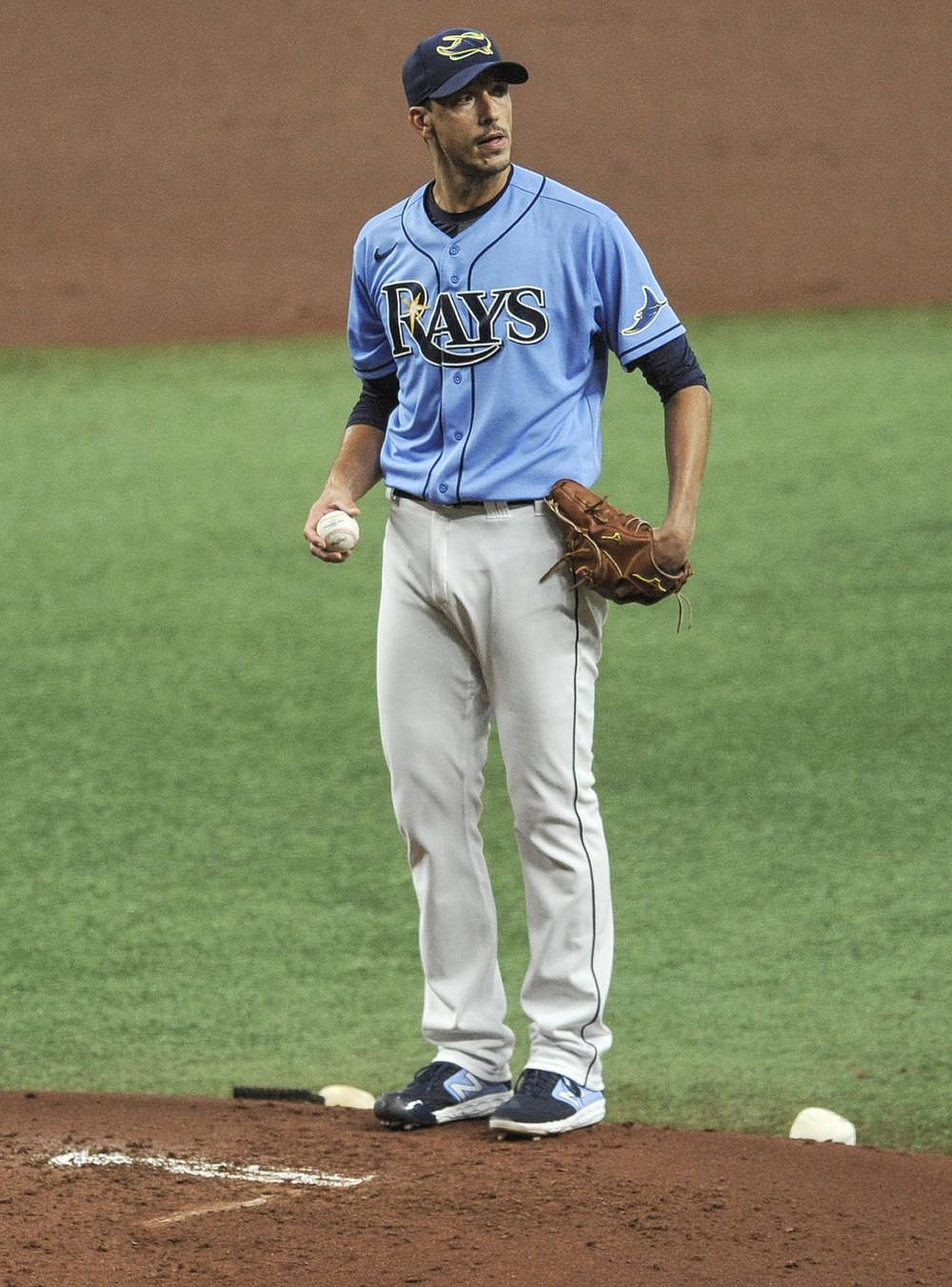Tampa Bay Rays starter Charlie Morton stands on the mound during the first inning of a baseball game against the Boston Red Sox, Sunday, Sept. 13, 2020, in St. Petersburg, Fla. (AP Photo/Steve Nesius)