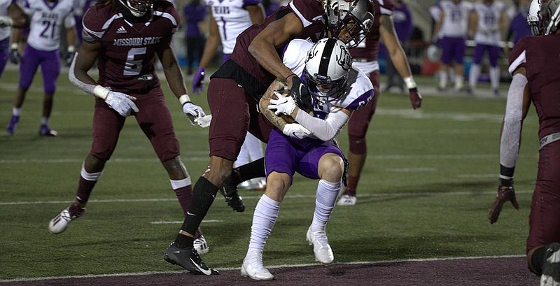 Mitchell Perkinson, here making a touchdown reception in the second quarter Saturday against Missouri State, was a secondary receiver who stepped up to help the Bears pull out a 33-24 victory.
(Photo courtesy University of Central Arkansas)