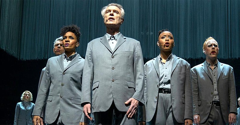 Jacquelene Acevedo (from left), Mauro Defosco, Angie Swan, David Byrne and Tendayi Kuumba perform a capella in a scene from Spike Lee’s “David Byrne’s American Utopia,” the film version of the hit Broadway production now streaming on HBO and HBO Max.