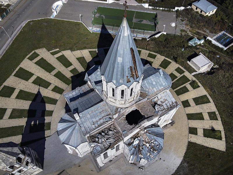 Damage is evident Saturday at the Holy Savior Cathedral, which was hit by shelling from Azerbaijan’s artillery during a military conflict in Shushi, the separatist region of Nagorno-Karabakh.
(AP)