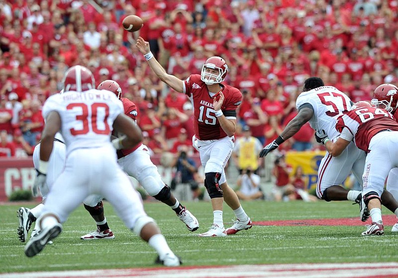 Arkansas quarterback Ryan Mallett threw for 357 yards and 1 touchdown, but he was intercepted 3 times in a 24-20 loss to Alabama on Sept. 25, 2010, at Reynolds Razorback Stadium in Fayetteville.
(Arkansas Democrat-Gazette file photo)