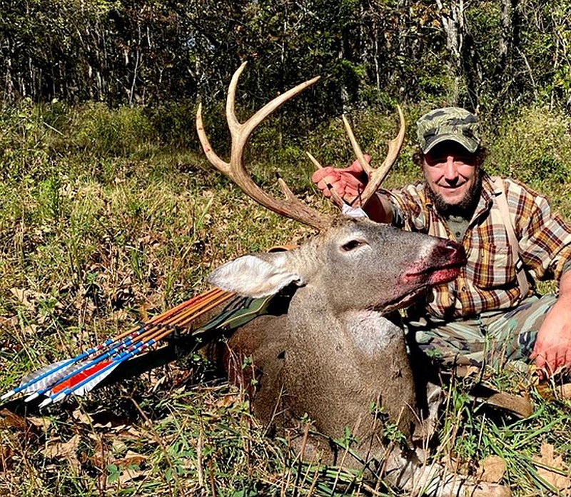Clint Beasley of Hardy bagged this mature buck with a vintage recurve bow on opening day of muzzleloader deer season at Harold E. Alexander Spring River Wildlife Management Area in Sharp County.
(Photo courtesy of Mike Stanley)