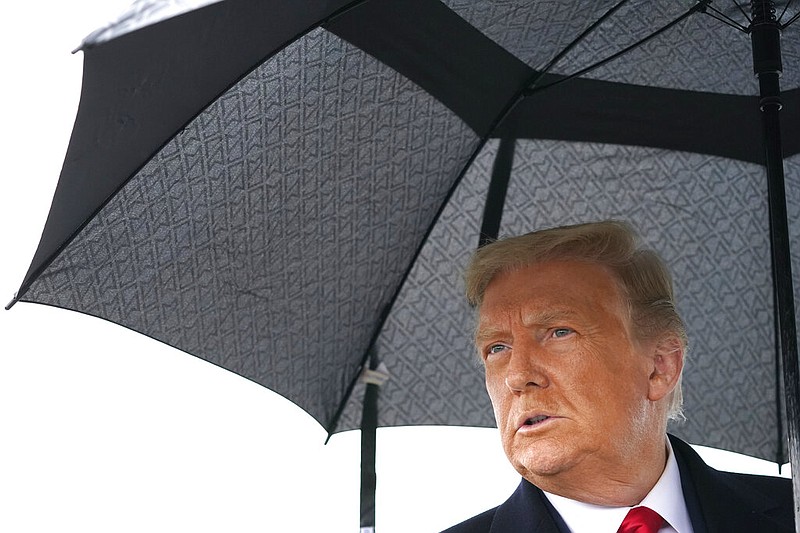 President Donald Trump speaks to the media on arrival, Monday, Oct. 26, 2020, in Allentown, Pa.