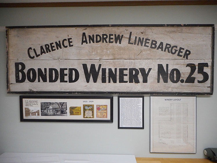           The Linebarger winery stood behind the log house that most recently was known as the Artist Retreat Center. Sara Parnell donated this original sign to the museum this summer.
(Courtesy Photo)   
