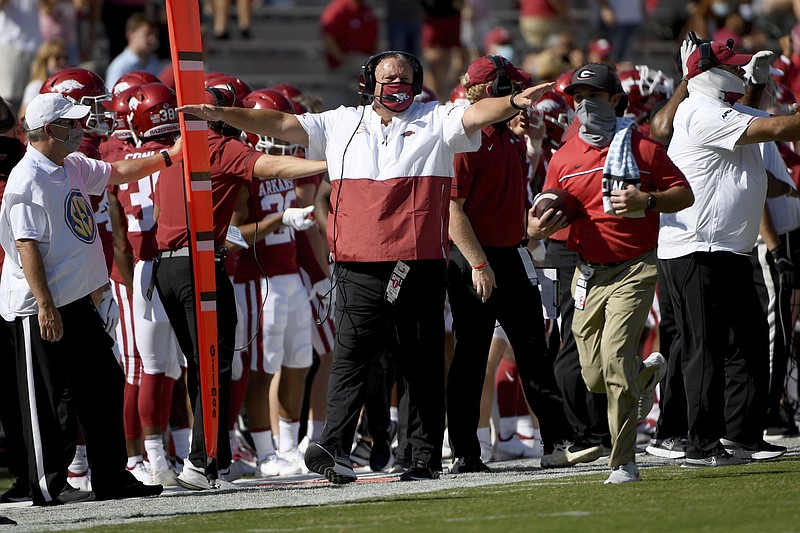 Arkansas Coach Sam Pittman said the Razorbacks, who expect to be healthier on both sides of the ball coming off a bye week, are preparing for a noisy environment at No. 8 Texas A&M on Saturday as they look to win two games in a row for the first time since the 2017-18 season. (AP/Michael Woods) 