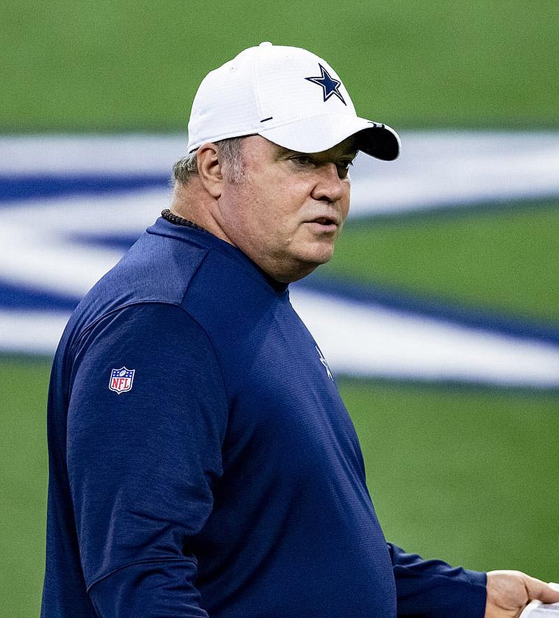 Dallas Cowboys head coach Mike McCarthy looks on during an NFL football training camp practice at The Star, Friday, Aug. 28, 2020, in Frisco, Texas. (AP Photo/Brandon Wade)