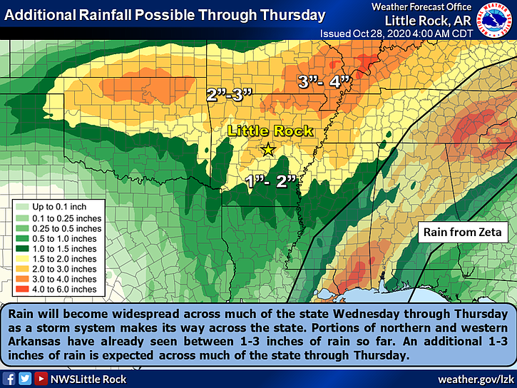 Widespread rainfall is expected to continue through Thursday, according to this National Weather Service graphic. 