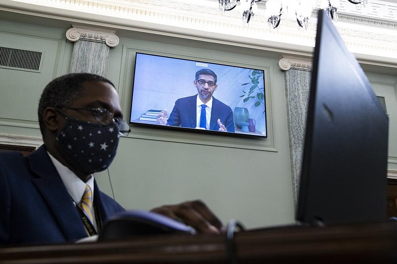 Google CEO Sundar Pichai speaks remotely Wednesday during a hearing before the Senate Commerce Committee on Capitol Hill in Washington.
(AP/Michael Reynolds)
