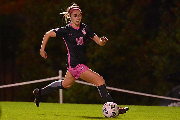 Arkansas' Anna Podojil chases a ball during a game against Auburn on Friday, Oct. 30, 2020, in Fayetteville. 