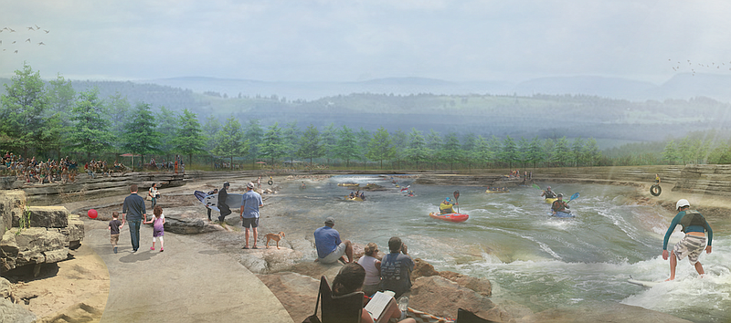 Courtesy photo/WOKA Whitewater Park -- An artistic rendering of the 30-acre whitewater park to be built on the Oklahoma-Arkansas border near Siloam Springs. The WOKA Whitewater Park is to host kayaking, surfing, stand-up paddle boarding, tubing and rafting, officials announced Thursday.