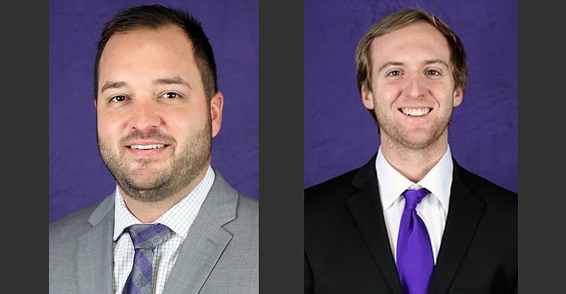 Shown from left are University of Central Arkansas football Coach Nathan Brown and University of Central Arkansas special teams coach Ryan Howard
