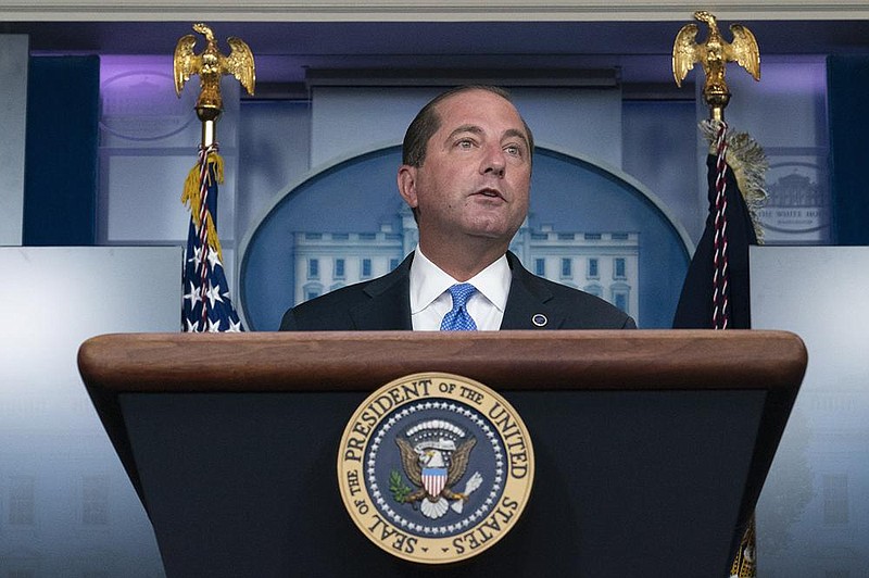U.S. Health and Human Services Secretary Alex Azar speaks during a media briefing in August at the White House. Azar said Thursday that the Trump administration has finalized requirements for insurers to post patients’ out-of-pocket costs on the internet.
(AP/Alex Brandon)