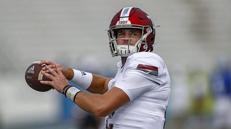 Troy junior quarterback Jacob Free stepped in last week against  Georgia State and passed for 329 yards after sophomore Gunnar Watson went down with an injury. Both could play today  against Arkansas State.
(AP/Wade Payne)