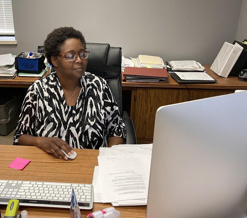 Patrecia Hargrove, shown in her office at the Southeast Arkansas Economic Development District, came to the district office in 2002 in the workforce department. In 2018, she was named interim executive director, and in 2019 she was made permanent executive director. 
(Pine Bluff Commercial/Byron Tate)