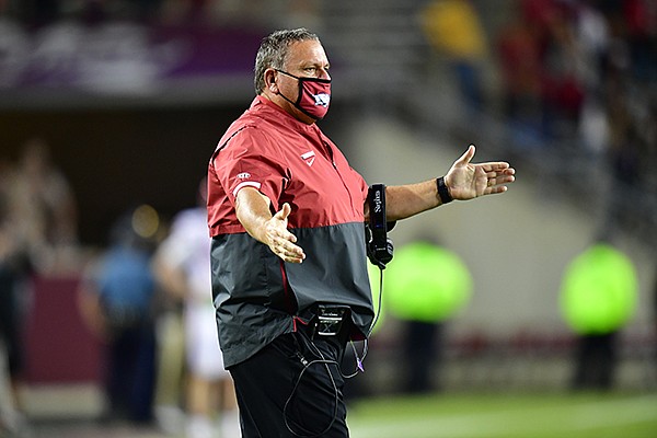 Arkansas coach Sam Pittman is shown during a game against Texas A&M on Saturday, Oct. 31, 2020, in College Station, Texas.