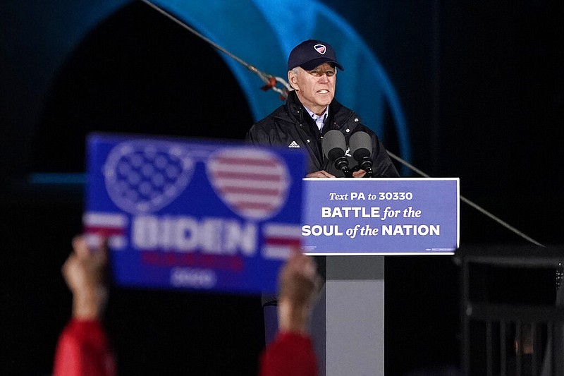 Democratic presidential candidate former Vice President Joe Biden speaks at a drive-in rally at Franklin Delano Roosevelt Park, Sunday, Nov. 1, 2020, in Philadelphia.
