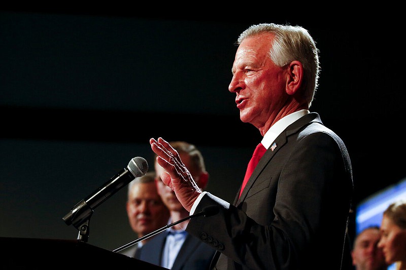 Republican Senator elect Tommy Tuberville gives his victory speech to supporters at his watch party at the Renaissance Hotel on Tuesday, Nov. 3, 2020, in Montgomery, Ala. (AP Photo/Butch Dill)