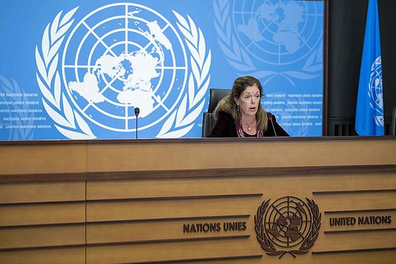 Stephanie Williams, head of the United Nations support mission, discusses the Libya military talks at a late October news conference in Geneva before the cease-fire deal was agreed on.
(AP/Keystone/Martial Trezzini)
