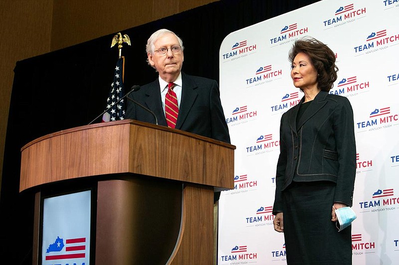 “Overall, we had a better election than most people thought across the country,” Senate Majority Leader Mitch McConnell said Wednesday in Louisville after he won reelection. At right is his wife, Transportation Secretary Elaine Chao.
(The New York Times/Erik Branch)